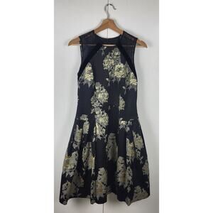 Silk Trim Metallic Floral Midi Fit and Flare Pleated Carmen Marc Valvo Dress | 4